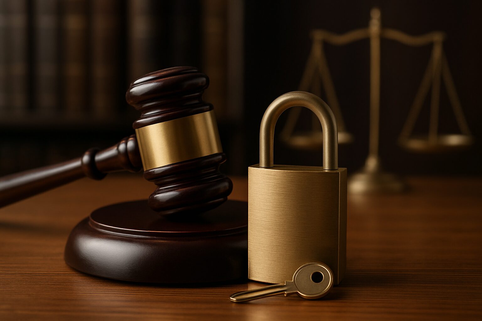 A wooden gavel next to a golden padlock and key on a wooden table with a blurred background of scales of justice.